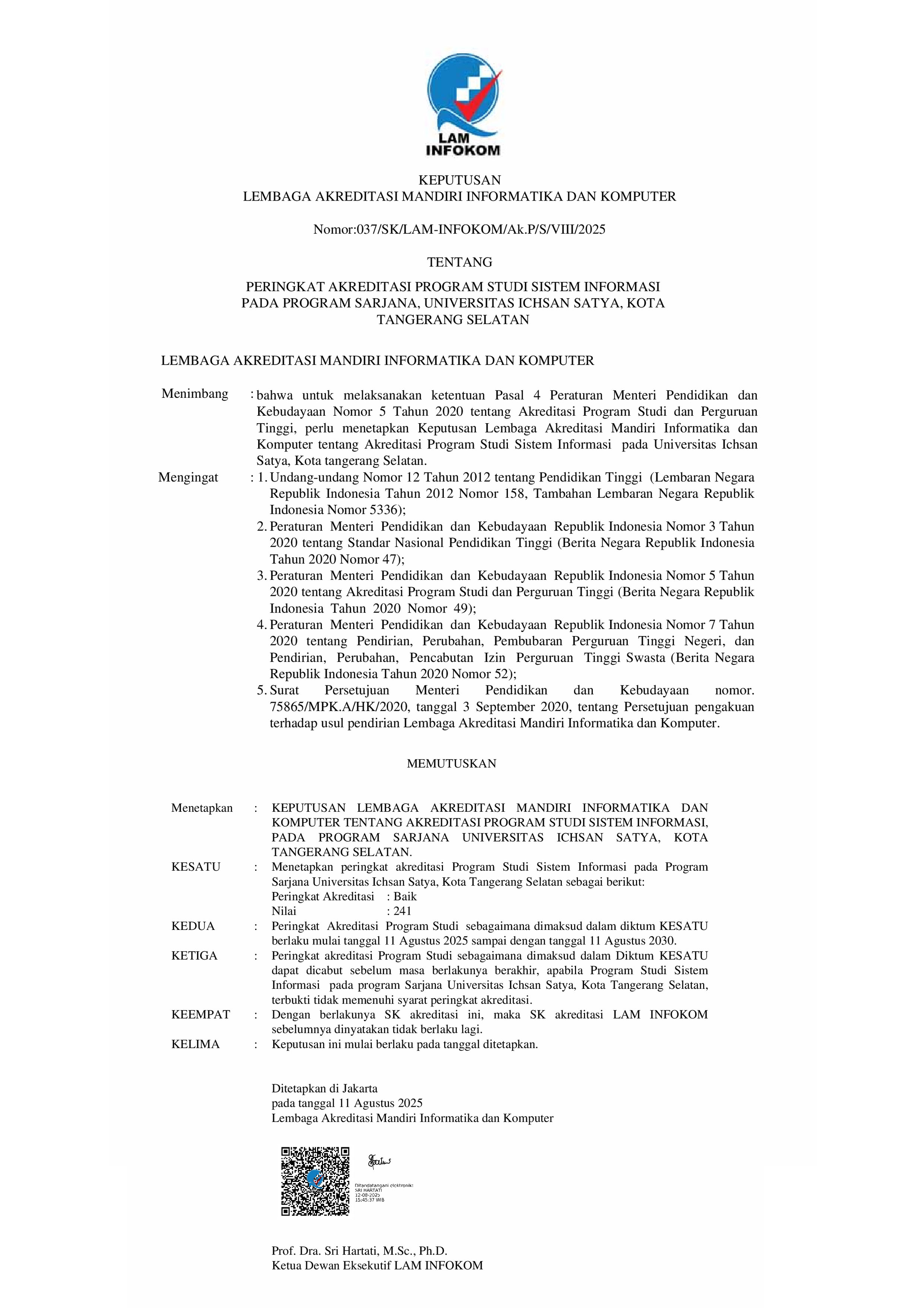 SK Akreditasi Sarjana Sistem Informasi